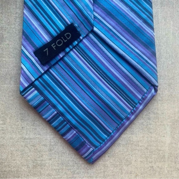 ISAIA “Seven Fold” Blue & Lavendar Striped Silk Tie - Picture 2 of 6